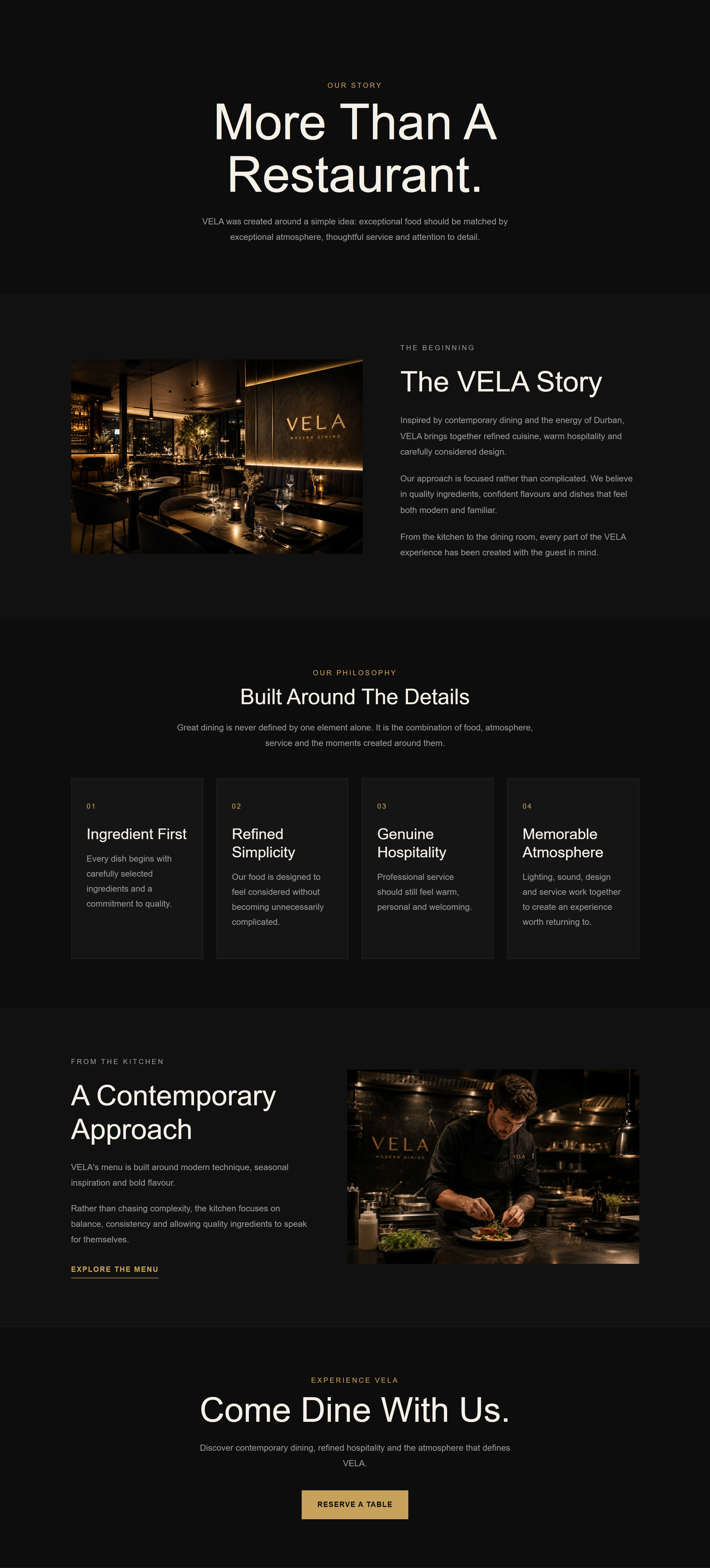 VELA restaurant website about page