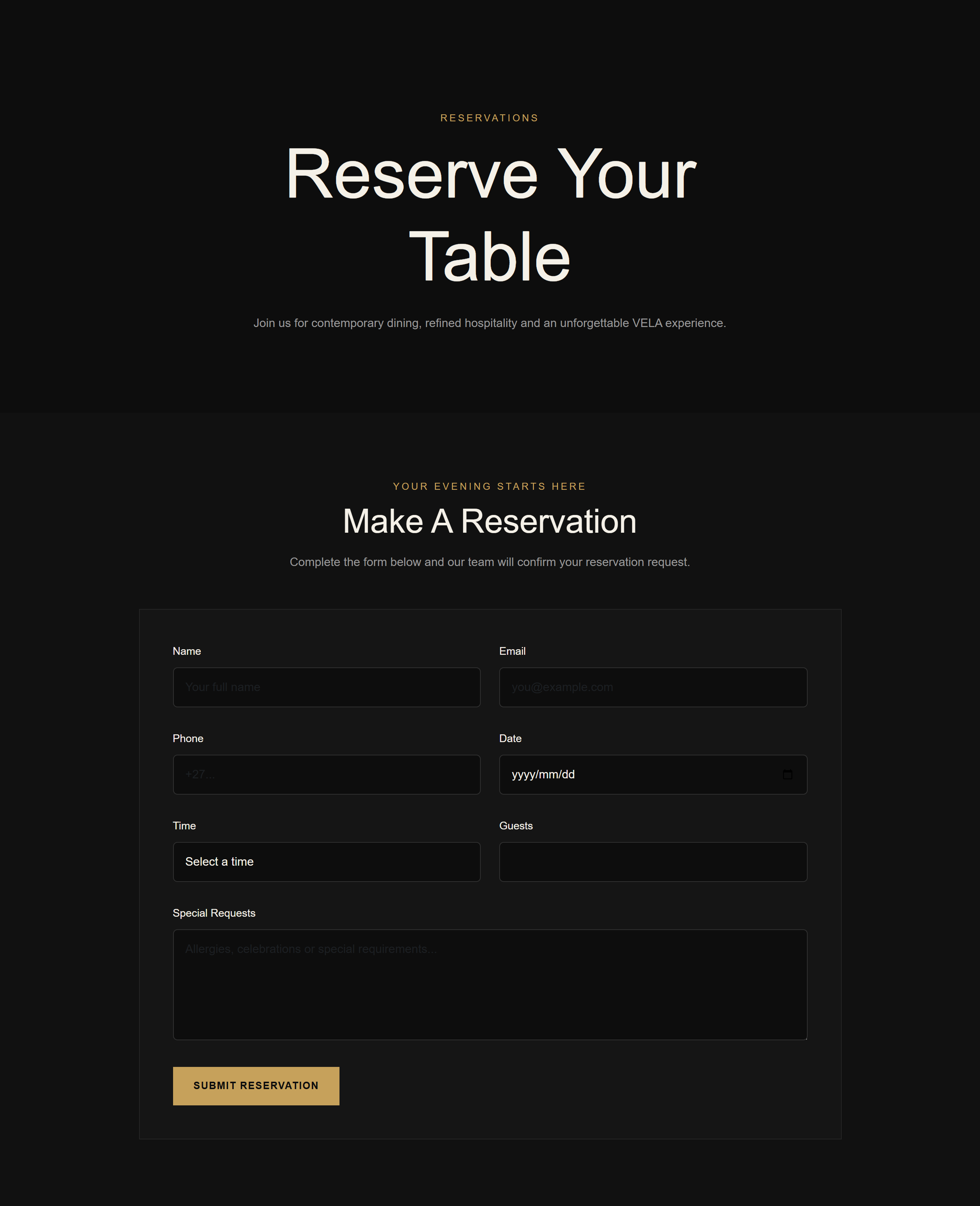 VELA restaurant reservation page